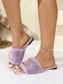 Women's Fashionable Luxury Metal Buckle Plush Flat Square Toe Slide Slippers, Versatile Outdoor Wear, Women's House Slippers - Lilac Purple - View 4