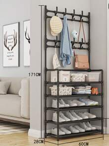 1pc 4-5 Tier Shoe Rack With Coat Hooks, Metal Entryway Coat Rack With 8 Hooks, Multi-Functional Large Capacity Shoe Storage Organizer, Sturdy Easy Assembly Space-Saving Coat Rack, Suitable For Entryway, Hallway, Foyer, Apartment, Dorm, Mudroom - Multicolor - View 11