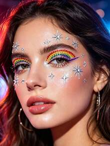 8pcs Dopamine Rainbow Curved Face Rhinestone Stickers, Gradient Multicolor Rhinestone Face Decoration, Creative Eye Makeup Glitter Decor, Suitable For Electronic Music Festival Party, Halloween Costume - Multicolor - View 4