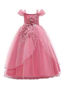 Tween Girl Long Tulle & Satin Solid Color Party Dress, Suitable For Evening Events, Headband Not Included - Pink - View 4