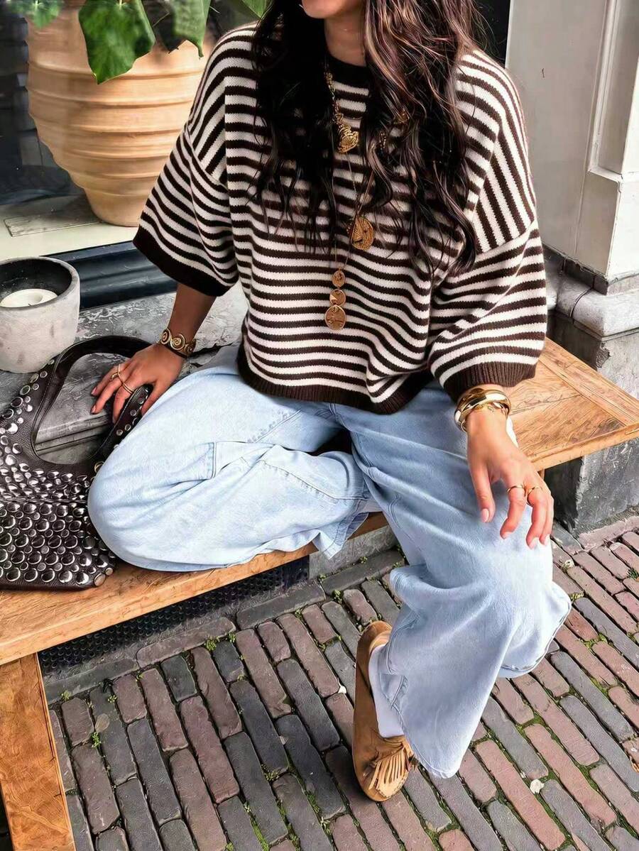 女款新款秋季對比色條紋針織上衣,休閒日常通勤學院風 - 棕色拼白色 - 查看 1