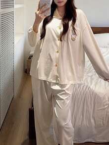 Gongdie 2pcs Miffy Women Pajama Set, Autumn White Polka Dot Soft Modal Cotton Loungewear, Contrast Collar And Pocket Design - Beige - View 3