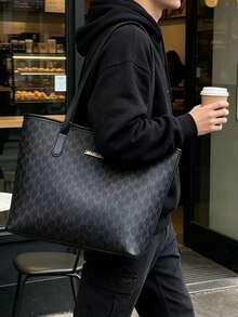Men Monogram Tote Bag, Large Capacity Business Shoulder Bag, Classic Pattern Work Office Handbag For Daily Commute Travel - Black - View 4