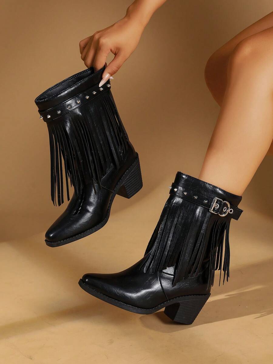 Women's Ankle Boots And Ankle Boots PU Leather Winter New Studded Pointed Toe Mid-Heel Riding Boots Plus Size Chunky Heel British Style V-Cut Retro Tassel Boots - Black - View 1