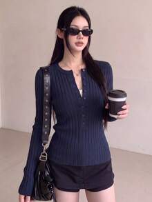 Autumn New Korean Style Slim Fit Button Knit Sweater, Versatile Long Sleeve Base Layer Top Vacation Fall - Navy Blue - View 6