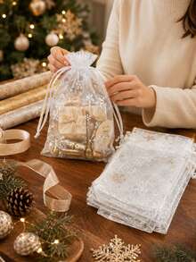100pcs Christmas Snowflake Organza Bags, Transparent Drawstring Gift Bags, Suitable For Candy, Snacks, Jewelry, Small Gifts, Christmas Party Favors Packaging - Christmas Gift Bag - View 3