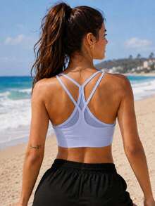 1pc Women Sports Yoga Bra, Elastic, Suitable For Fitness, Outdoor Activities Spring Fall - Blue - View 2