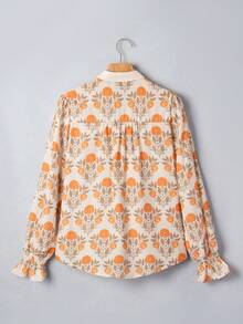 Acelitt Blus Kasual Gaya Bohemian Musim Semi/Panas, Kerah V, Motif Bunga Oranye, Lengan Panjang Ringan, Tenun, dengan Detail Kerut, Cocok untuk Pakaian Luar Sehari-hari - Jeruk - View 6