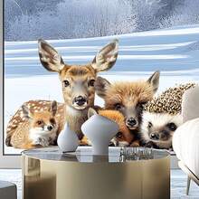 1pc Christmas Snowy Landscape Animal Window Sticker, Deer Fox Hedgehog Christmas Tree Snow Scene Glass Decor Sticker - Multicolor - View 2