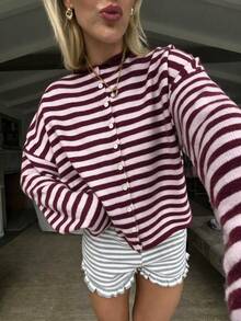 Women's Striped Casual Versatile Daily Outing Cardigan - Peach Pink + Early Red - View 4