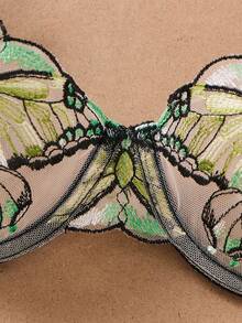 1 Set 2pcs Women's Embroidered Floral Butterfly Lingerie, Comfortable Home Style Ultra Short Top And Thong, Valentine's Day Gift - Green - View 4