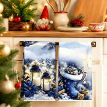 4PCS Christmas Kitchen Towels, Blue‑Gold Santa Snowman Lantern & Stocking Print Dish Towels, Festive Xmas Holiday Home Decor Hand Tea Towels For Kitchen - Blue - View 9