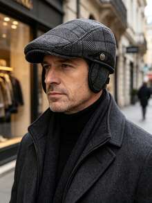1pc Men's Thickened Earflap Warm Baseball Cap, Autumn/Winter, Middle-Aged And Elderly, Thermal Lined Wool Plaid Beret - A - View 1