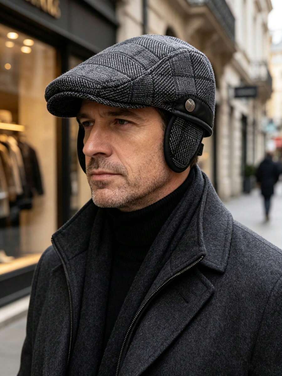 1pc Men's Thickened Earflap Warm Baseball Cap, Autumn/Winter, Middle-Aged And Elderly, Thermal Lined Wool Plaid Beret - A - View 1