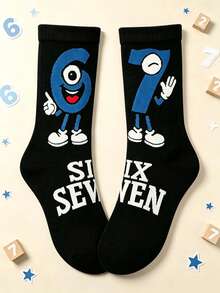 1 Pair Of Men Crew Sock, Cartoon Number 6 7 Character Graphic Socks, Soft Breathable Fall Winter, Halloween Christmas Gift For Son And Boyfriend - Multicolor - View 1