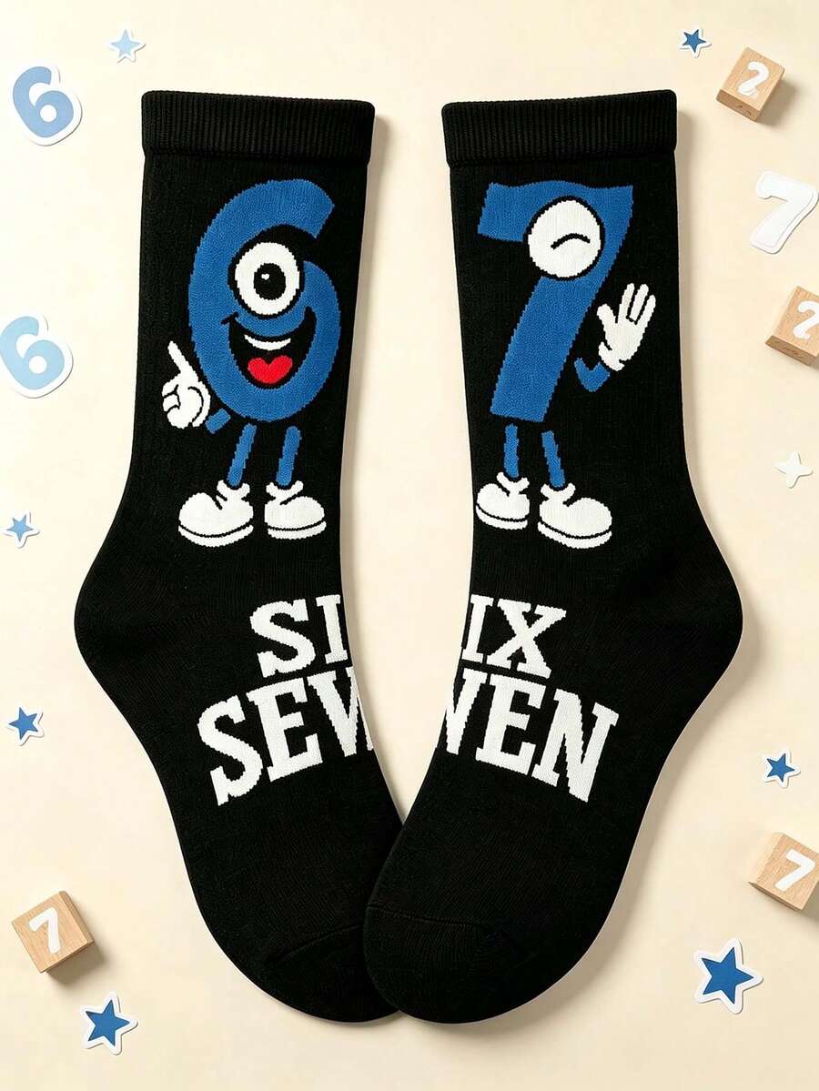 1 Pair Of Men Crew Sock, Cartoon Number 6 7 Character Graphic Socks, Soft Breathable Fall Winter, Halloween Christmas Gift For Son And Boyfriend - Multicolor - View 1