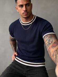 Men's Classic Colorblock Crew Neck Short Sleeve Sweater, Suitable For Summer Outings, Essential Fashion Knit Top - Navy Blue - View 3