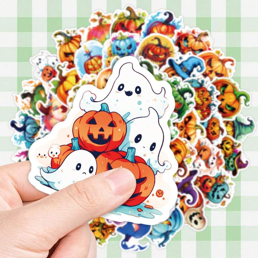 50Pcs Aesthetic Halloween Pumpkin Stickers, Colorful Jack‑O‑Lantern Spooky Ghost Art Waterproof Decals, Festive Decor Stickers For Journal, Scrapbook, Water Bottle, Laptop - Multicolor - View 1