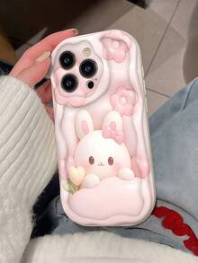 Clear Wavy Curved Edge Phone Case, Rabbit Design Purple Rhinestone Style 2D Embossed Floral Pattern, Transparent Shockproof Soft TPU Protective Cover With Raised Camera Lens Frame, Compatible With Apple 11, 12, 13, 14, 15, 16, 17 Pro Max, Designed For Girls And Women Coquette Aesthetic Raised Lens Protection Case Suitable For Galaxy, Honor, Phones - White - View 5