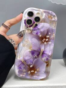 1件紫色蝴蝶花卉圖案手機殼，奶油白波浪邊框，閃亮紫色蝴蝶發光效果，搭配水晶亮片與紫色花朵金屬紋理圖案，柔軟TPU防震防摔保護手機殼，適合女孩/女性，展現優雅夢幻美感，兼容三星系列手機 - 白色 - 查看 5