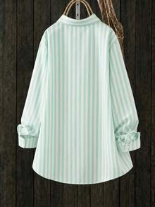 Plus Size Women's Striped Shirt, Long Sleeve Collared Button-Down Blouse, Suitable For Daily Wear - Light Green - View 3