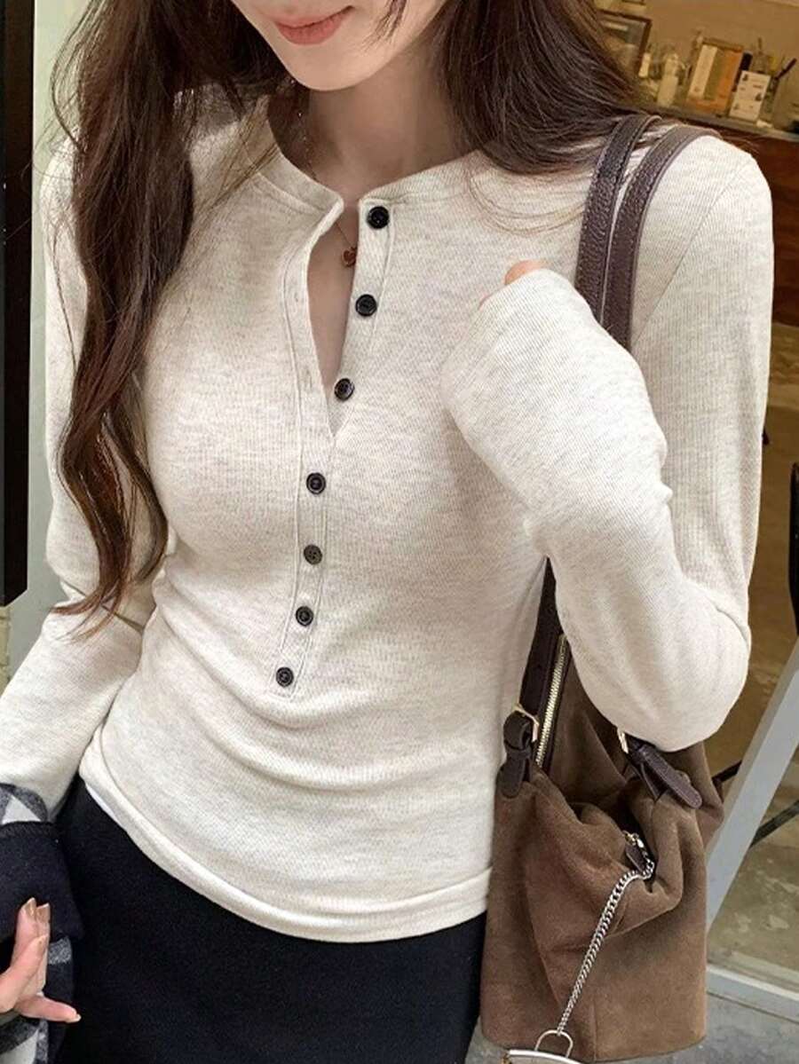 Women's Ribbed Henley Neck T-Shirt, Autumn Long Sleeve Polyester Button-Up Top, Warm Thermal Lined Regular Fit Mid-Stretch Long Sleeve T-Shirt - Apricot - View 1