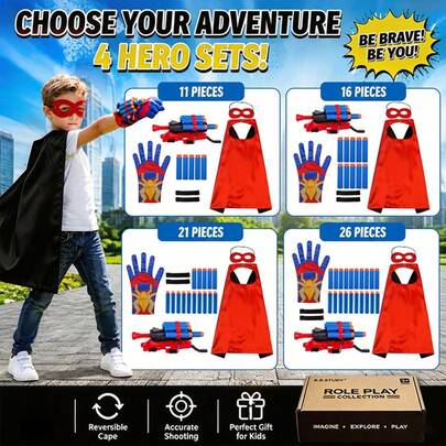 B.B.STUDY 11/16/21/26pcs Kids Role Play Hero Costume Set Gift Box, Multiple Combination Holiday Party Dress-Up Costume Set, Boys Dream Cosplay Outfit Set, Back To School Red & Black Hero Costume, Halloween Costume, Christmas Surprise Gift Box, As Birthday Gift, Halloween Gift, Christmas Gift