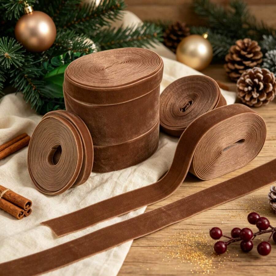 1pc 4.57m Single-Sided Non-Elastic Colorful Flocked Ribbon, Flocked Satin Ribbon For Bows, DIY Clothing, Christmas Decoration (Length Is Measured By Hand And May Have Deviation) - Light Brown - View 1