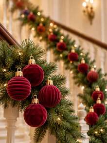 30/60pcs Burgundy Velvet Christmas Ball Ornaments, Felt Material, Shatterproof Christmas Tree Hanging Decorations, Christmas Tree Decor Set, Suitable For Winter Party And Christmas Decoration - Burgundy - View 3
