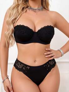 1 Set Women's Black Lace Lingerie Set, Strapless Bra And Panty Set, Multi-Way Transparent Shoulder Straps, Half Cup Underwire Babydoll Style Lingerie - Black - View 4