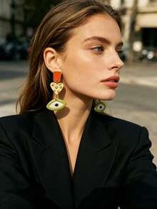 ZAA Mixed‑Style Evil Eye Hamsa Hand Dangle Earrings, Vintage Sculpted Gold Drop Earrings, Boho Colorful Enamel Statement Jewelry For Women - Evil Eye - View 8
