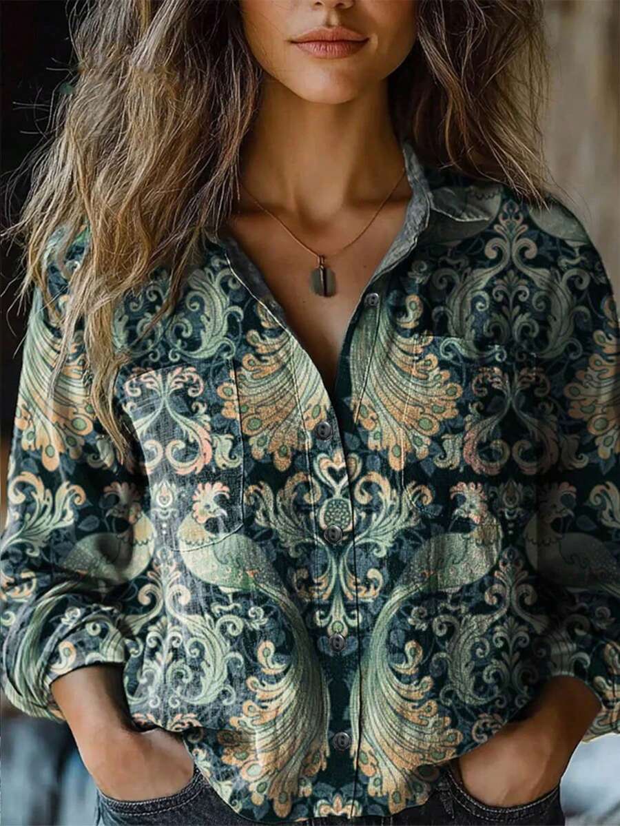 YI XUAN Camisa de moda con estampado retro para mujer talla grande, diseño con bolsillo doble delantero, primavera