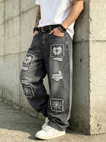 Men's Dark Grey Acid Wash Spider Web Broken Heart Patch Embroidered Distressed Ripped Loose Wide Leg Jeans - Dark Grey - View 6