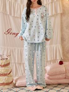 Gongdie 2pcs/Set Piyama Flanel Wanita Miffy, Biru Muda, Pakaian Santai Musim Dingin Hangat, Trim Kontras Merah Muda, Motif Kelinci Lucu - Baby Blue - View 8
