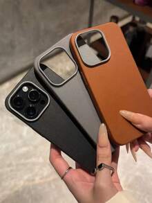 1 Set 3pcs Solid Color Lychee Texture Faux Leather Large Window Phone Case Covers, Black / Caramel Brown / Premium Gray Minimalist Solid Color Leather Texture Full Coverage Protective Shell, Raised Camera Frame Anti-Drop Anti-Slip Soft Shell, Business Commute Premium Style, Autumn/Winter Bestselling Phone Case, Suitable For Personal Use, Birthday Gift Choice; Compatible With IPhone Case & Galaxy Case, Compatible With IPhone 17/17 Pro/17 Pro Max - Multicolor - View 3