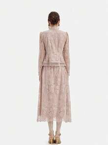 Rich Radi Q's Women's Elegant Lace Patchwork Long Sleeve 2 Pieces Set, Pink Stand Collar Top With Flowy Long Skirt - Pink - View 4