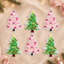6pcs Christmas Tree Embroidered Patch Stickers, Green And Pink Christmas Decor Fabric Patches With Star And Colorful Light Patterns, Holiday Atmosphere Stickers For Clothes, Hats, Bags, DIY Creative Decoration, Hole Repair, Sewable And Iron-On - Multicolor - View 7