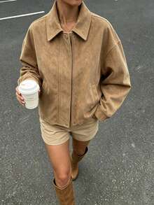 Women's Winter Jacket, Brown Loose Collar Jacket, Long Sleeve, Button Decor, With Pockets, Autumn Outfit Choice, Suitable For Daily Wear - Khaki - View 7