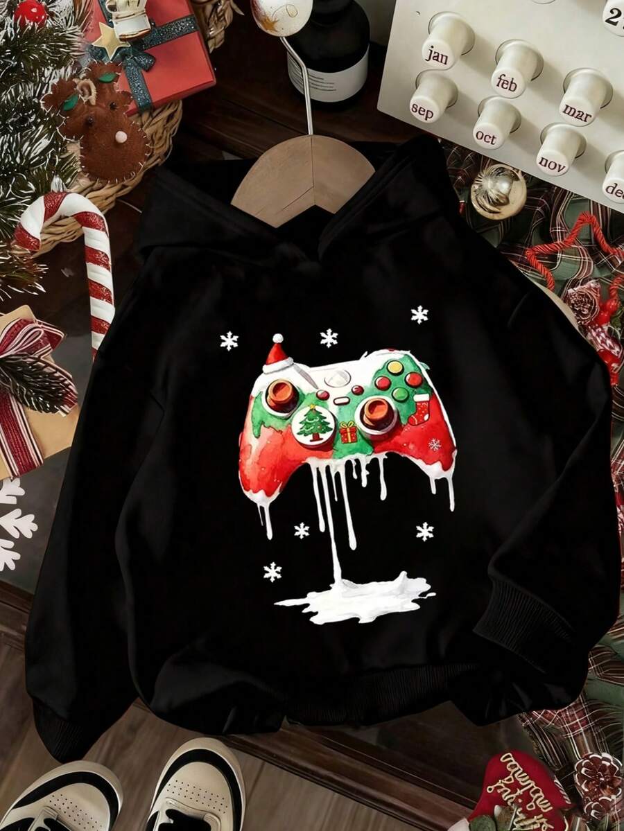 Tween Boy Fun Print Sweatshirt, Warm And Comfortable Thermal Lined Pullover Sweatshirt For Autumn/Winter - Black - View 1