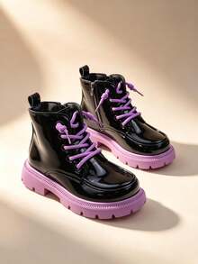1 Pair Black Purple Girls Color Block Ankle Boots, Patent PU Lace Up Side Zipper Chunky Sole Combat Boots, Kids Round Toe Boots For School Daily - Purple - View 1