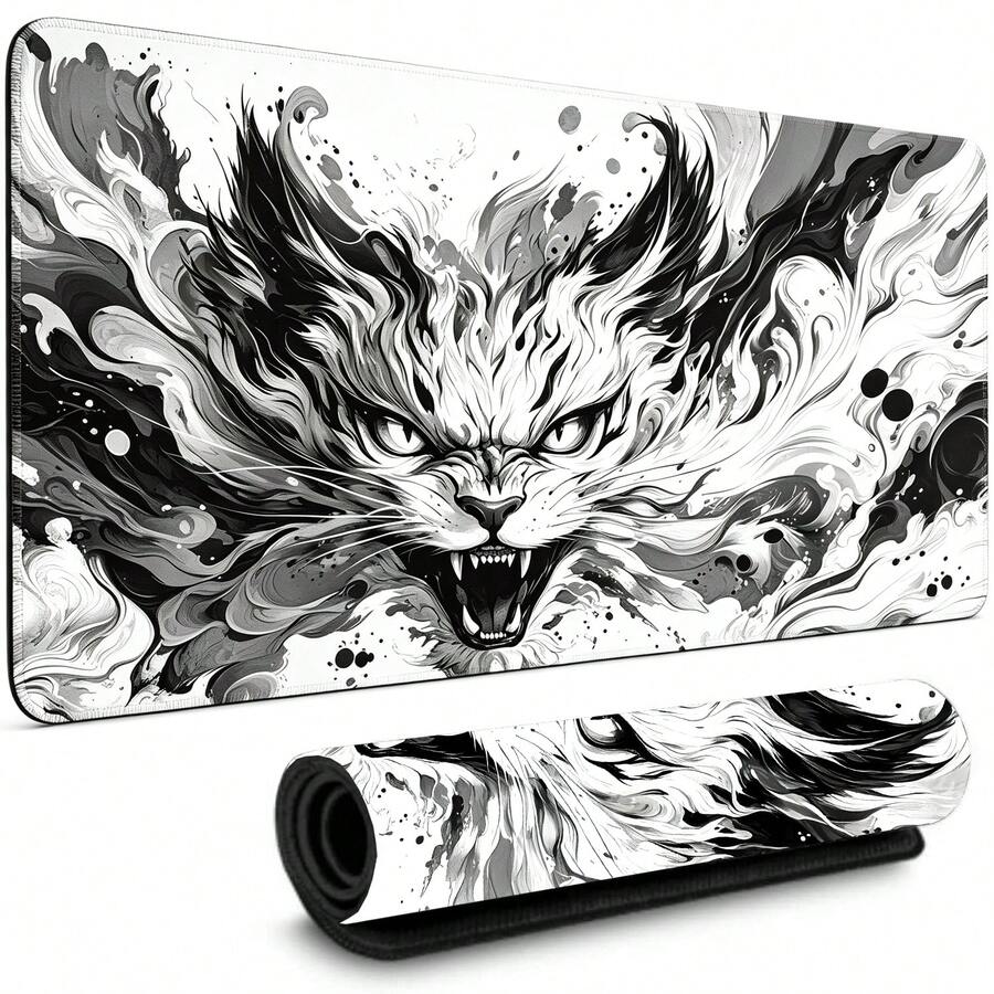 Gaming Mouse Pad XL Extended Anime Mouse Pad, Large Cute Kawaii Big Computer Mouse Mat Desk Pad With Non-Slip Rubber Base And Stitched Edge For Home Office -Black White Cat - View 1
