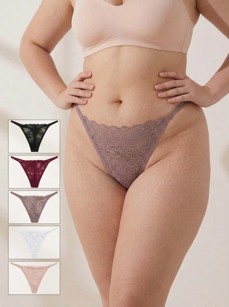 Rosiemei 5pcs/Plus Size Women's Sexy Lace Thongs T-String Design Low Rise Underwear - Multicolor - View 1
