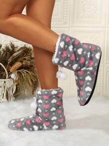 女款毛絨內裡保暖拖鞋，居家與辦公室鞋，中性款，隨機圖案 - 灰色 - 查看 4