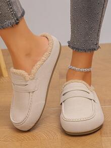 Women's Thermal Lined Loafer Slippers, Faux Suede Mule Slides, Flat Warm Outdoor Thermal Slippers - Beige - View 4