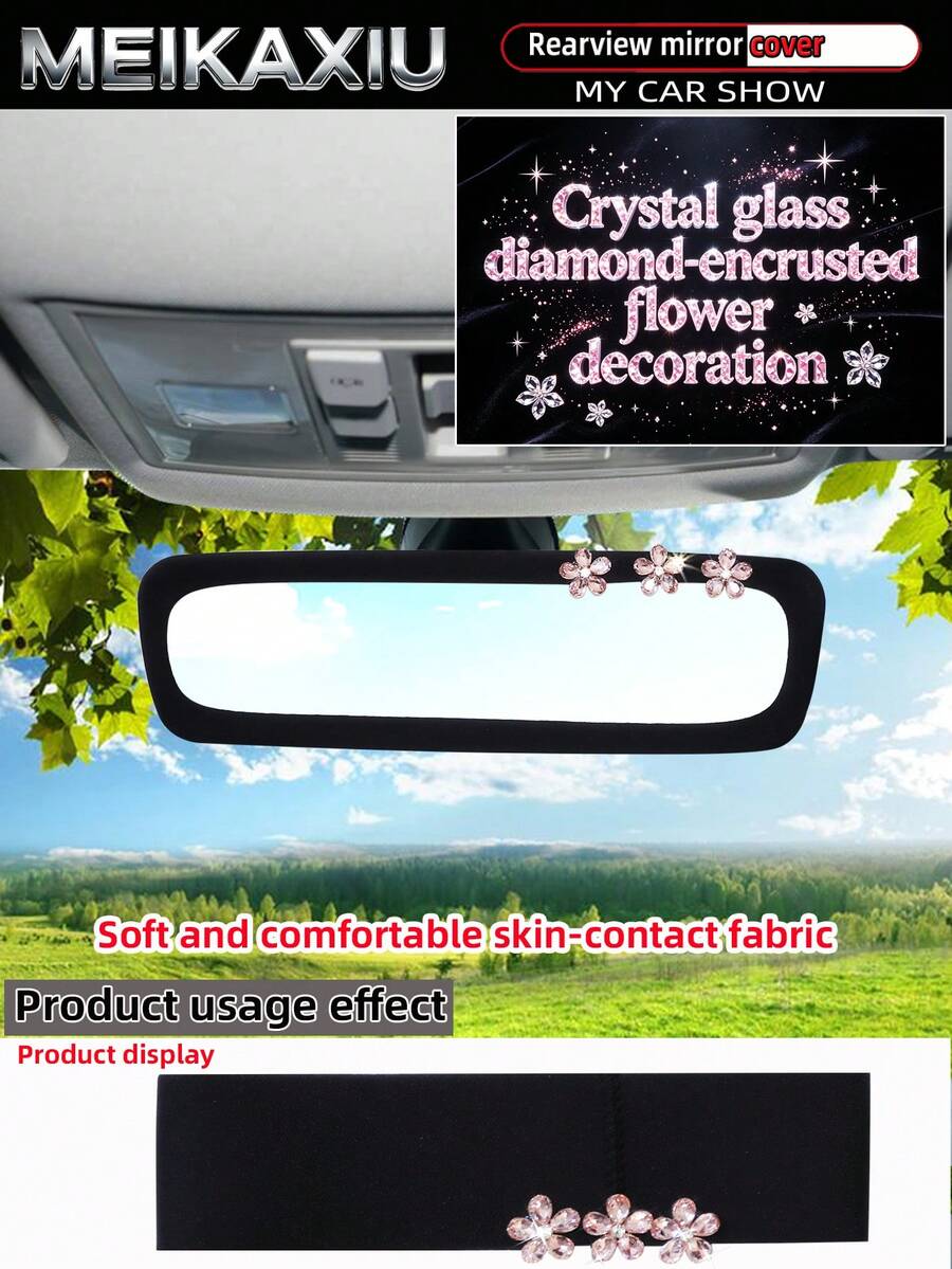 MEIKAXIU Sparkling Skin-Friendly Soft Fabric Artificial Crystal & Rhinestone Flower Bling Bling Elastic Car Rearview Mirror Cover, Car Interior Mirror Sleeve Decorative Accessory For Women - Rhinestone Crystal Flower Rearview Mirror Cover - View 1