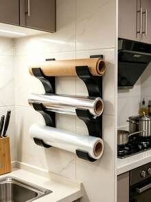 2pcs Fresh-Keeping Film Holders (Tape Not Included), Capacity For 3 Rolls Of Kitchen Paper, Fresh-Keeping Film, Aluminum Foil. This Storage Rack Fits Rolls With A Diameter Of 50mm Or Less, Saving Space, No Drilling Required - Multicolor - View 4