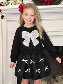 Vihyde Young Girls 2 Pieces Outfit, Cute Long Sleeve Crew Neck Sweatshirt With Big Bow Applique & Bow Decor Bubble Skirt Set - Black and White - View 7