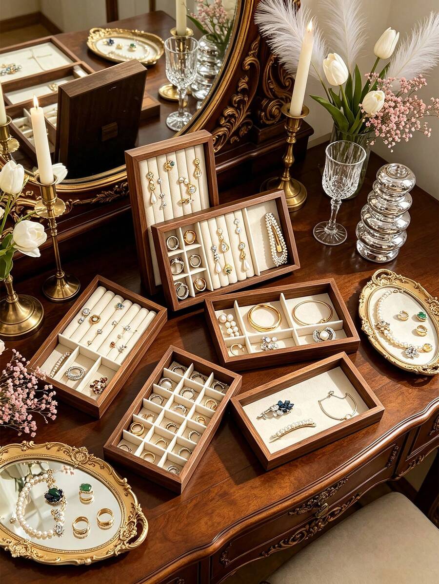 1pc Vintage Walnut Solid Wood Jewelry Storage Tray, Multi-Piece Set Combination Stackable, Cream Velvet Lining Anti-Scratch Anti-Oxidation, Vertical Earring Display Rack Ring Slot Tray Multi-Compartment Partition Plate Bracelet Large Compartment Plate Necklace Flat Tray, Classified Storage And Display, Premium Quality, Home Vanity Storage - Multicolor - View 1
