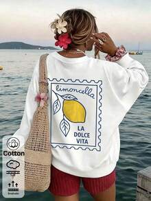 2026 Autumn Women's Custom Loose White Pullover Sweatshirt, Lemon And Letter Print, Vacation Casual Style - White - View 1