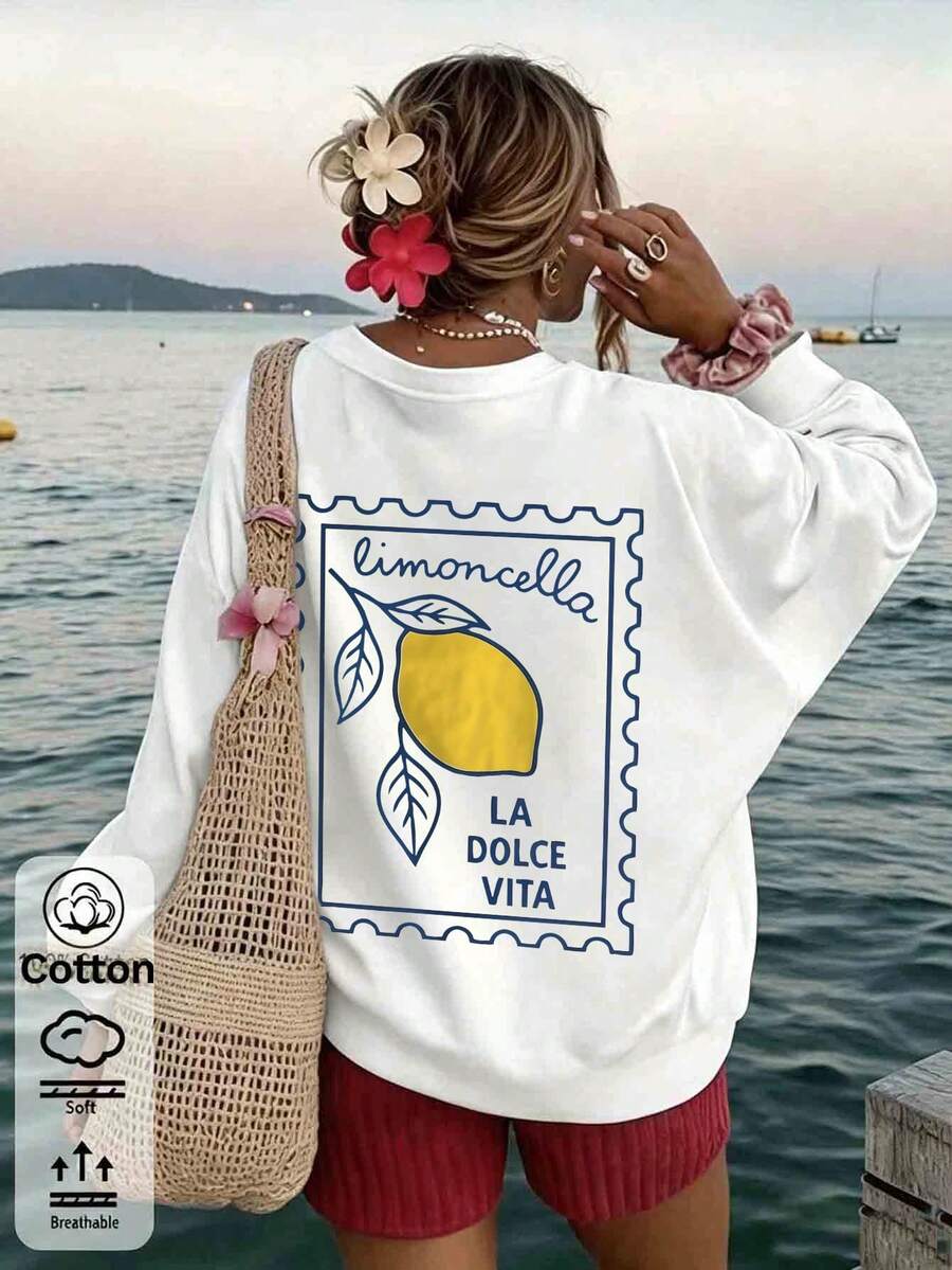 2026 Autumn Women's Custom Loose White Pullover Sweatshirt, Lemon And Letter Print, Vacation Casual Style - White - View 1
